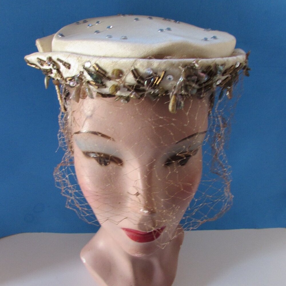 Vintage Pill Box Hat Cream Color with Dangling Beads